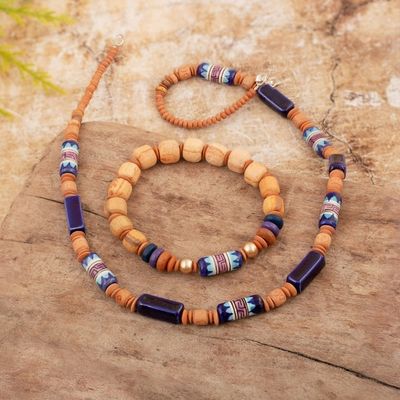 Alternate image for Blue and Brown Ceramic Beaded Necklace and Stretch Bracelet Imagination and Intuition