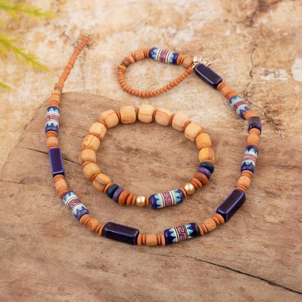 Blue and Brown Ceramic Beaded Necklace and Stretch Bracelet 'Imagination and Intuition'
