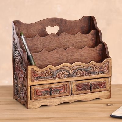 Alternate image for Colonial Leather and Wood Desk Organizer Office Accessory Songbirds