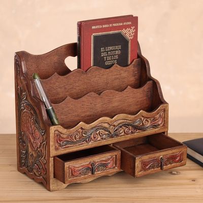Alternate image for Colonial Leather and Wood Desk Organizer Office Accessory Songbirds
