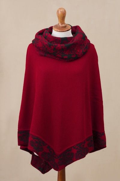 Alternate image for Crimson Red and Black Alpaca Blend Knit Cowl Neck Poncho Sublime Surround
