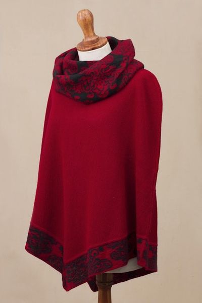 Alternate image for Crimson Red and Black Alpaca Blend Knit Cowl Neck Poncho Sublime Surround