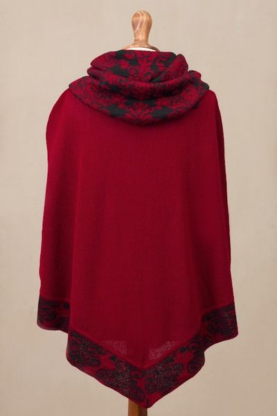 Alternate image for Crimson Red and Black Alpaca Blend Knit Cowl Neck Poncho Sublime Surround
