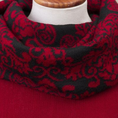 Alternate image for Crimson Red and Black Alpaca Blend Knit Cowl Neck Poncho Sublime Surround