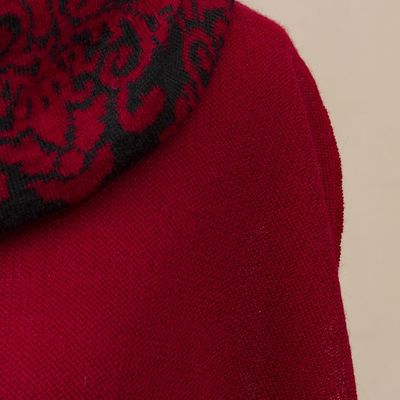 Alternate image for Crimson Red and Black Alpaca Blend Knit Cowl Neck Poncho Sublime Surround