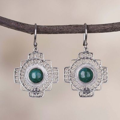 Alternate image for Chrysocolla Chakana Cross Filigree Dangle Earrings from Peru Green Valley Chakana