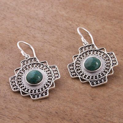 Alternate image for Chrysocolla Chakana Cross Filigree Dangle Earrings from Peru Green Valley Chakana