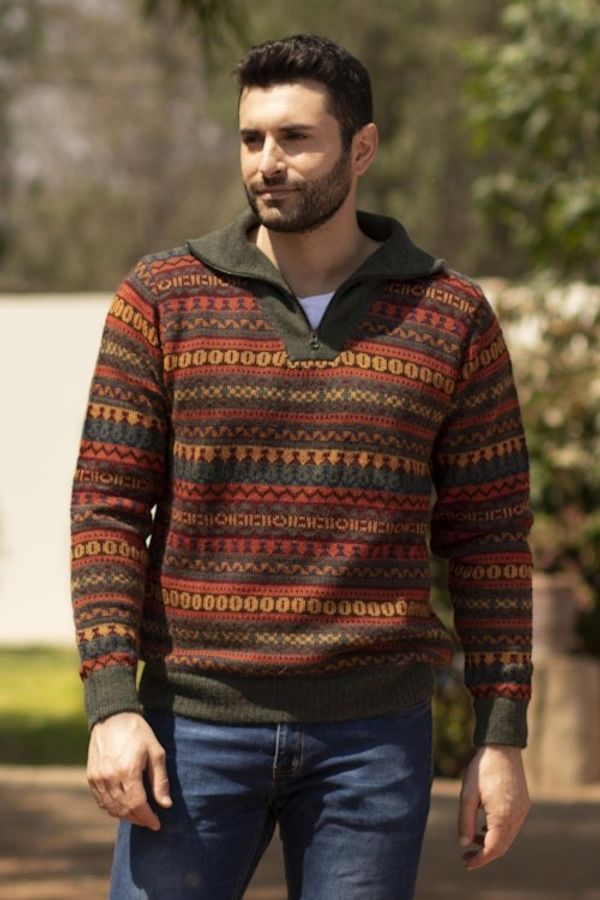 Alternate image for Mens Fair Trade Alpaca Art Knit Pullover Sweater Mountain Sunset