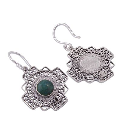 Alternate image for Chrysocolla Chakana Cross Filigree Dangle Earrings from Peru Green Valley Chakana