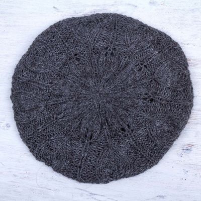 Alternate image for Andean Alpaca Wool Hand Knitted Beret in Charcoal Grey Charcoal Grey Leaves