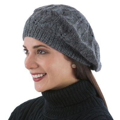 Alternate image for Andean Alpaca Wool Hand Knitted Beret in Charcoal Grey Charcoal Grey Leaves