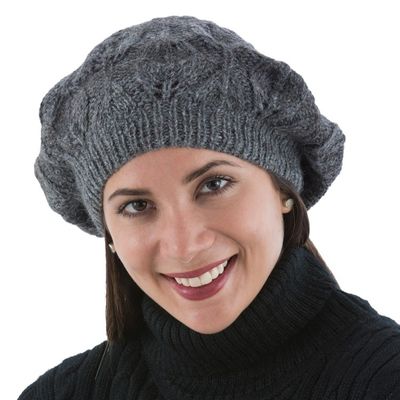 Alternate image for Andean Alpaca Wool Hand Knitted Beret in Charcoal Grey Charcoal Grey Leaves
