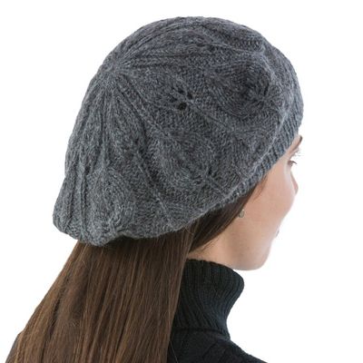 Alternate image for Andean Alpaca Wool Hand Knitted Beret in Charcoal Grey Charcoal Grey Leaves