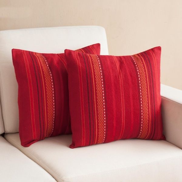 Alternate image for Striped Alpaca Blend Cushion Covers in Crimson Pair Striped Style