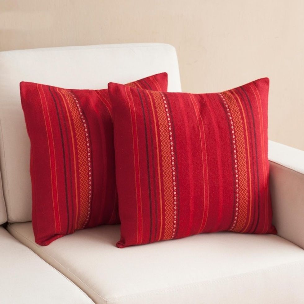 Striped Alpaca Blend Cushion Covers in Crimson Pair 'Striped Style'