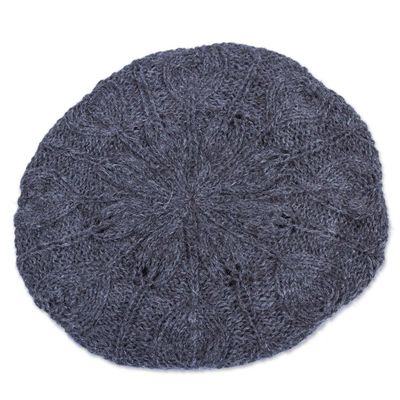 Alternate image for Andean Alpaca Wool Hand Knitted Beret in Charcoal Grey Charcoal Grey Leaves