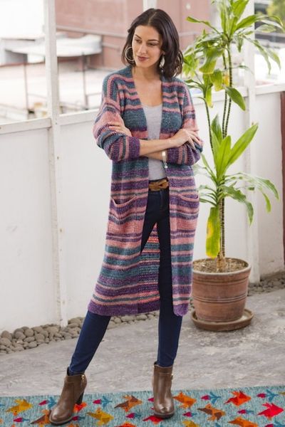 Alternate image for Striped Alpaca Blend Long Sleeve V-Neck Duster Cardigan Mesa Sunrise