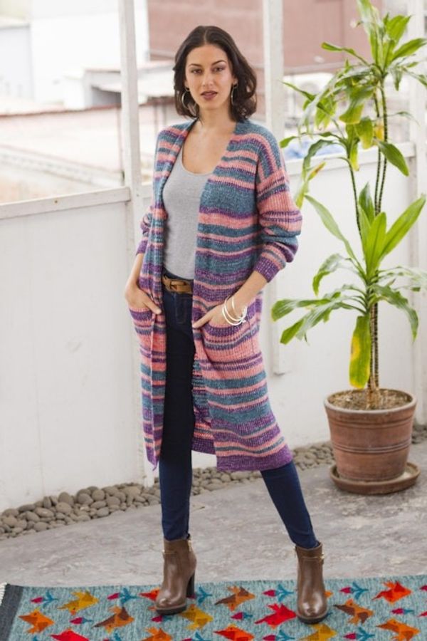 Alternate image for Striped Alpaca Blend Long Sleeve V-Neck Duster Cardigan Mesa Sunrise