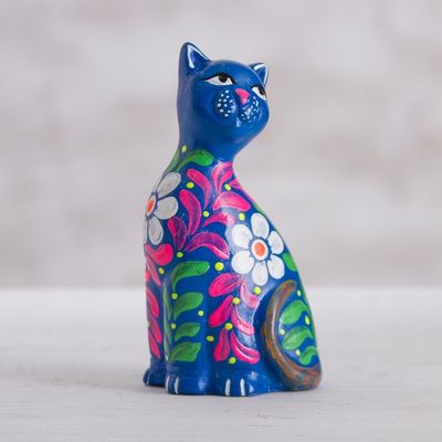 Alternate image for Peruvian Artisan Crafted Floral Ceramic Cat Figurine in Blue Sweet Cat in Blue