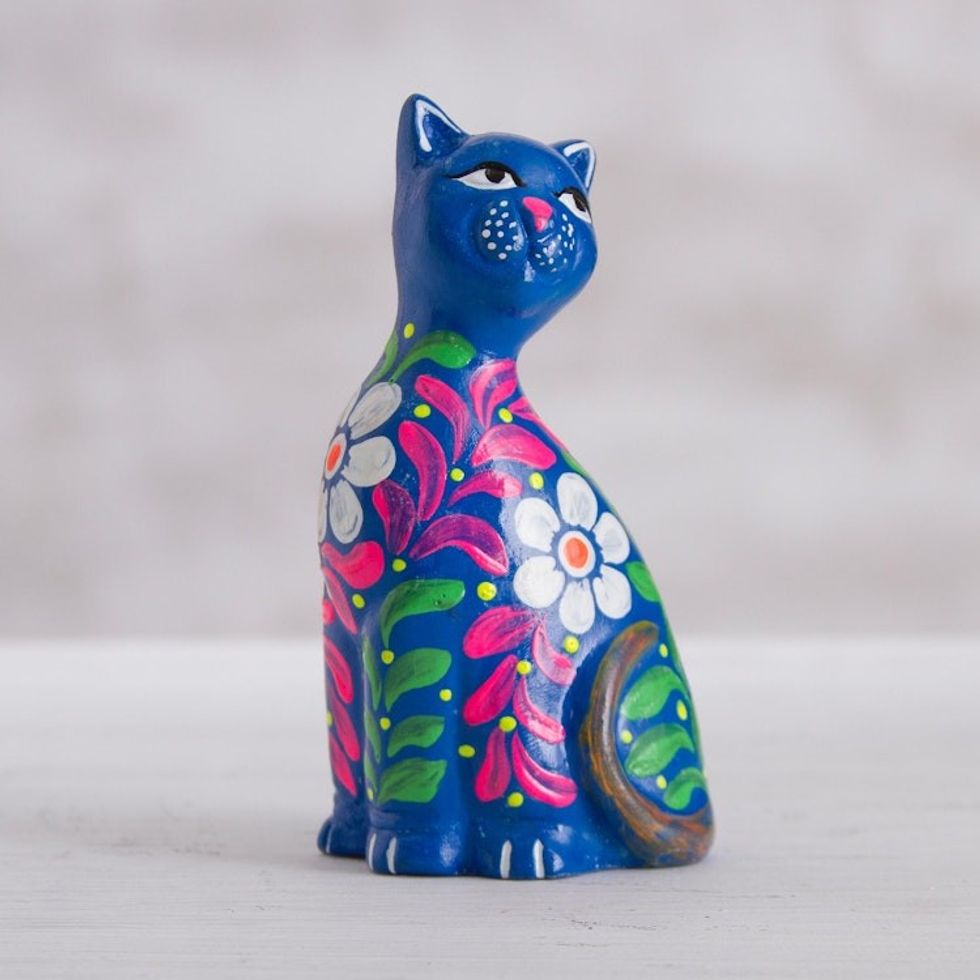 Peruvian Artisan Crafted Floral Ceramic Cat Figurine in Blue 'Sweet Cat in Blue'