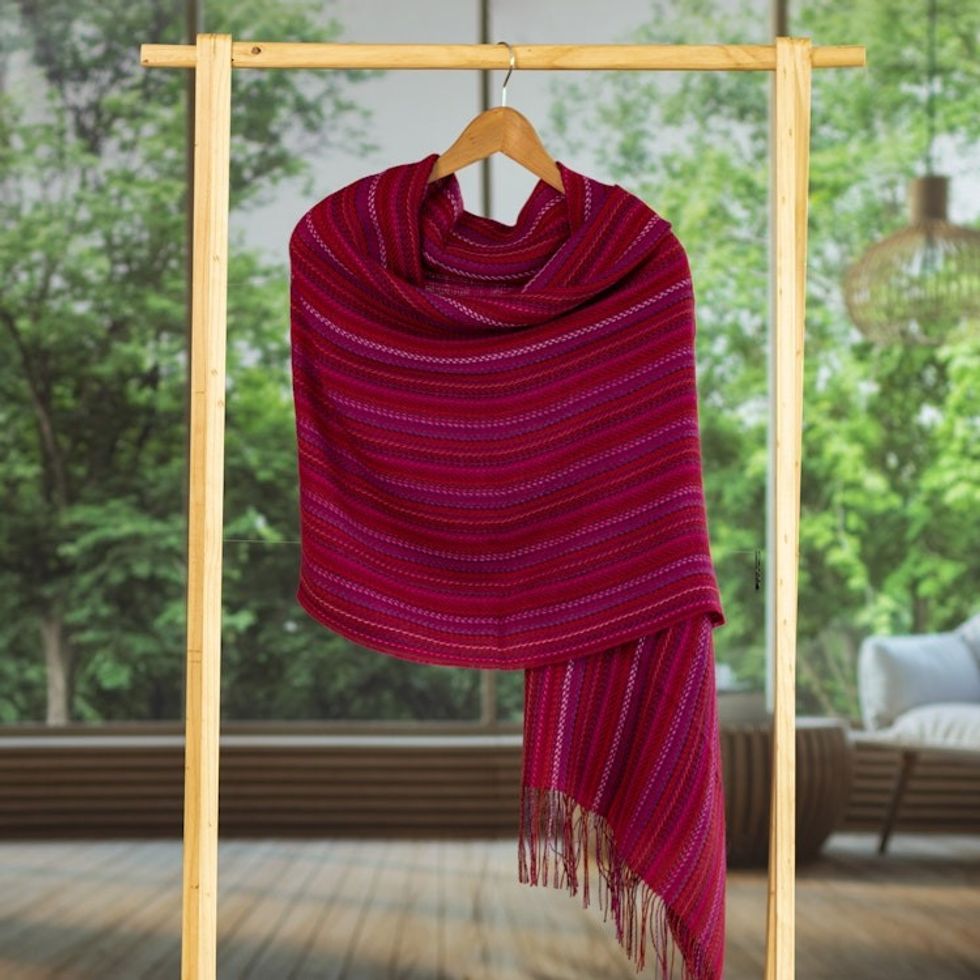 Hand Woven Baby Alpaca Blend Magenta Striped Shawl from Peru 'Vibrant Magenta'