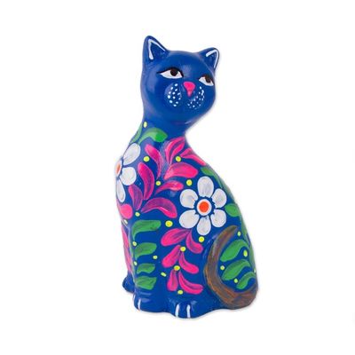 Alternate image for Peruvian Artisan Crafted Floral Ceramic Cat Figurine in Blue Sweet Cat in Blue