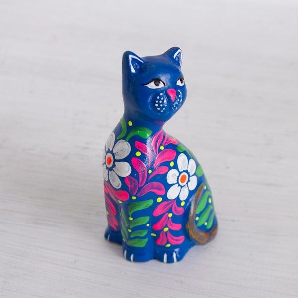 Alternate image for Peruvian Artisan Crafted Floral Ceramic Cat Figurine in Blue Sweet Cat in Blue
