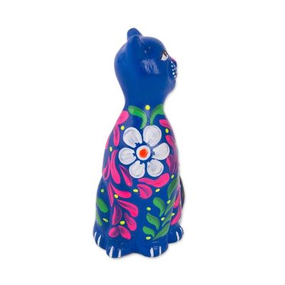 Alternate image for Peruvian Artisan Crafted Floral Ceramic Cat Figurine in Blue Sweet Cat in Blue