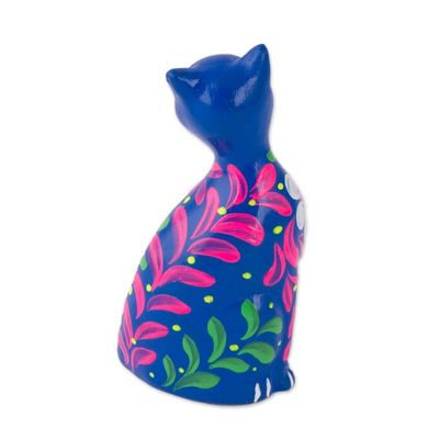 Alternate image for Peruvian Artisan Crafted Floral Ceramic Cat Figurine in Blue Sweet Cat in Blue