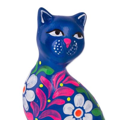 Alternate image for Peruvian Artisan Crafted Floral Ceramic Cat Figurine in Blue Sweet Cat in Blue