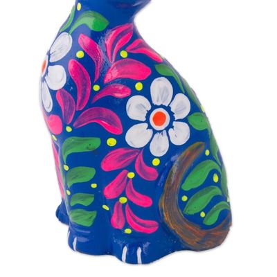 Alternate image for Peruvian Artisan Crafted Floral Ceramic Cat Figurine in Blue Sweet Cat in Blue