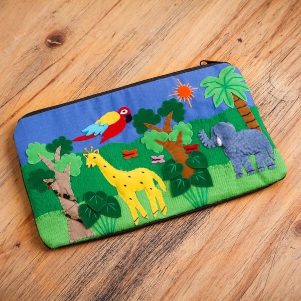 Alternate image for Cotton Applique Folk Art Cosmetic Bag Jungle Friends