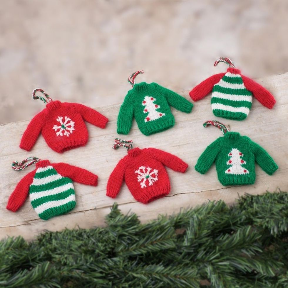 Knit Mini Sweater Ornaments from Peru Set of 6 'Christmas Comfort'