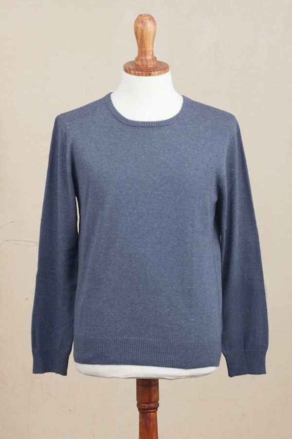 Alternate image for Mens Crew Neck Cotton Blend Pullover in Indigo from Peru Casual Comfort in Indigo