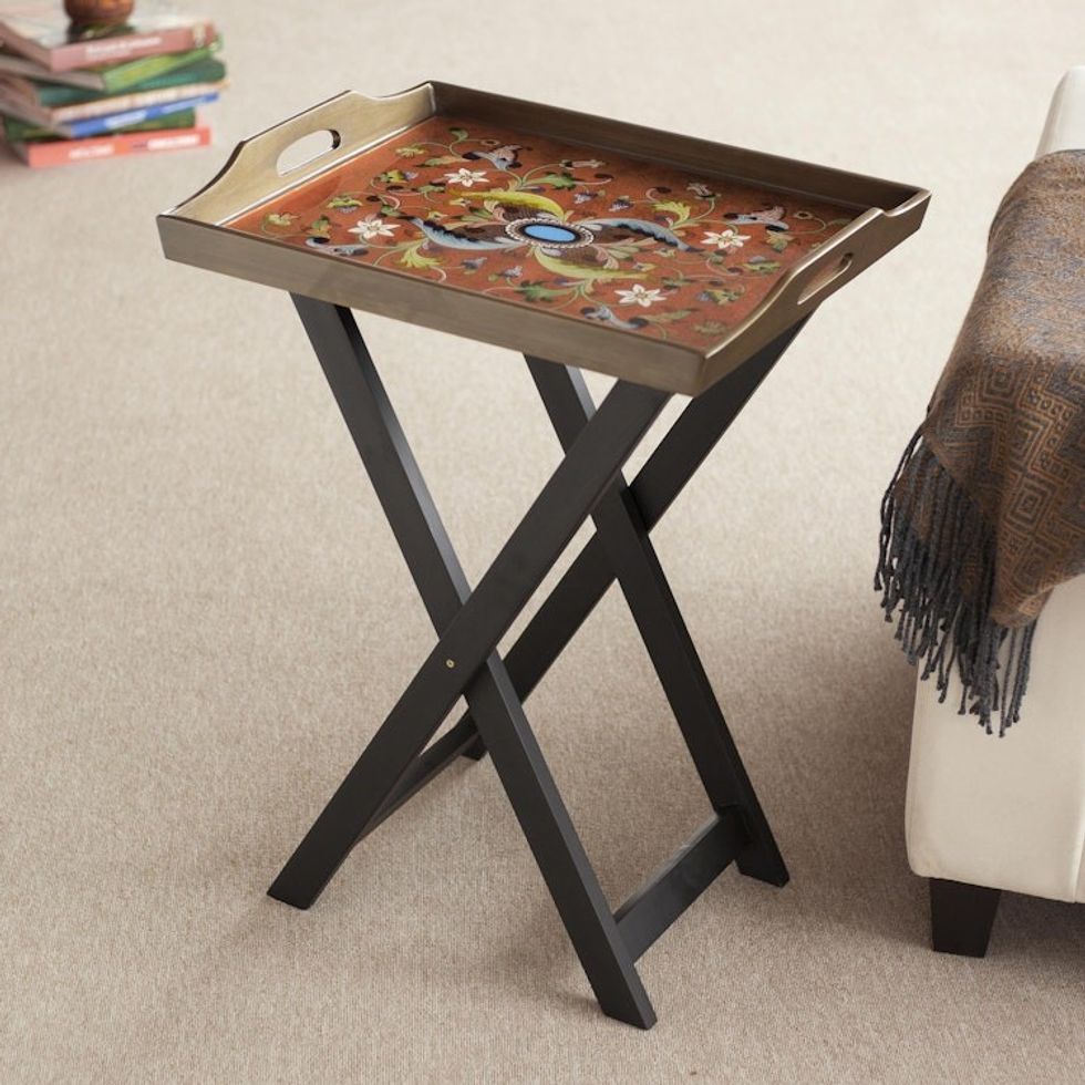 Handmade Reverse Painted Glass Wood Glass Folding Table 'Scarlet Delight'