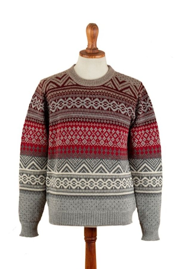 Alternate image for Mens Soft Grey and Red 100 Alpaca Pullover from Peru Grey Adventures