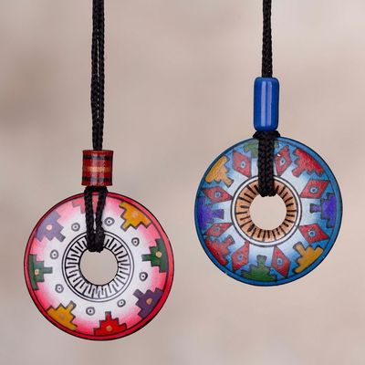 Alternate image for Hand Painted Pink and Blue Ceramic Pendant Necklaces pair You and I