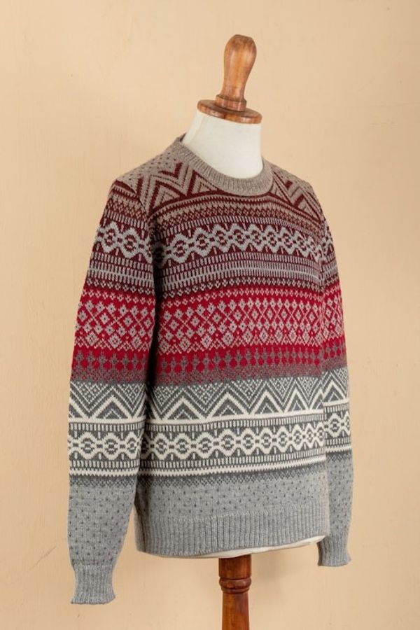 Alternate image for Mens Soft Grey and Red 100 Alpaca Pullover from Peru Grey Adventures