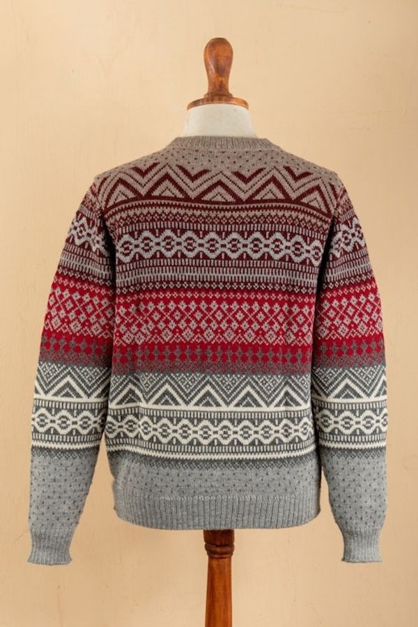 Alternate image for Mens Soft Grey and Red 100 Alpaca Pullover from Peru Grey Adventures