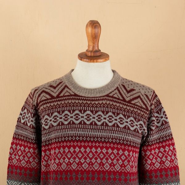 Alternate image for Mens Soft Grey and Red 100 Alpaca Pullover from Peru Grey Adventures