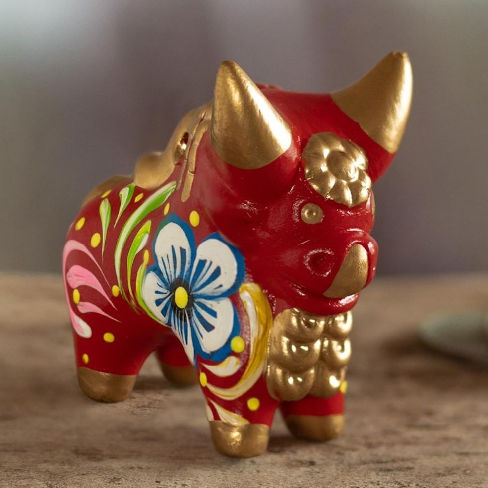 Ceramic Hand Painted Pucar Bull Sculpture from Peru 'Little Red Pucara Bull'