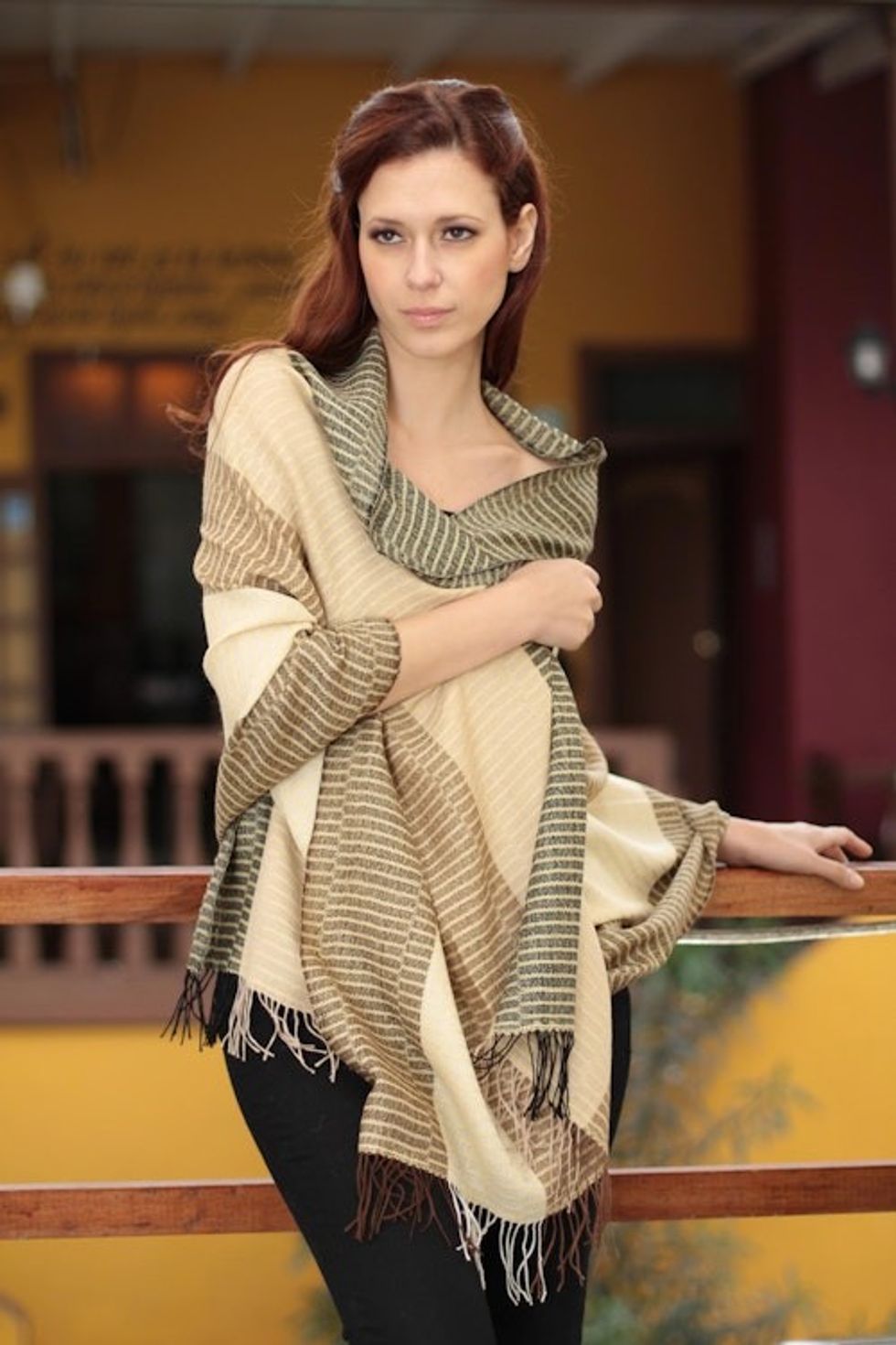 Handmade Peruvian Alpaca Wool Patterned Shawl 'Huancayo Warmth'