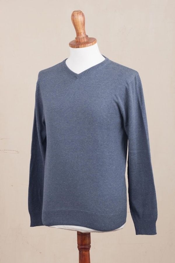 Alternate image for Mens V-Neck Cotton Blend Pullover in Indigo from Peru Warm Adventure in Indigo