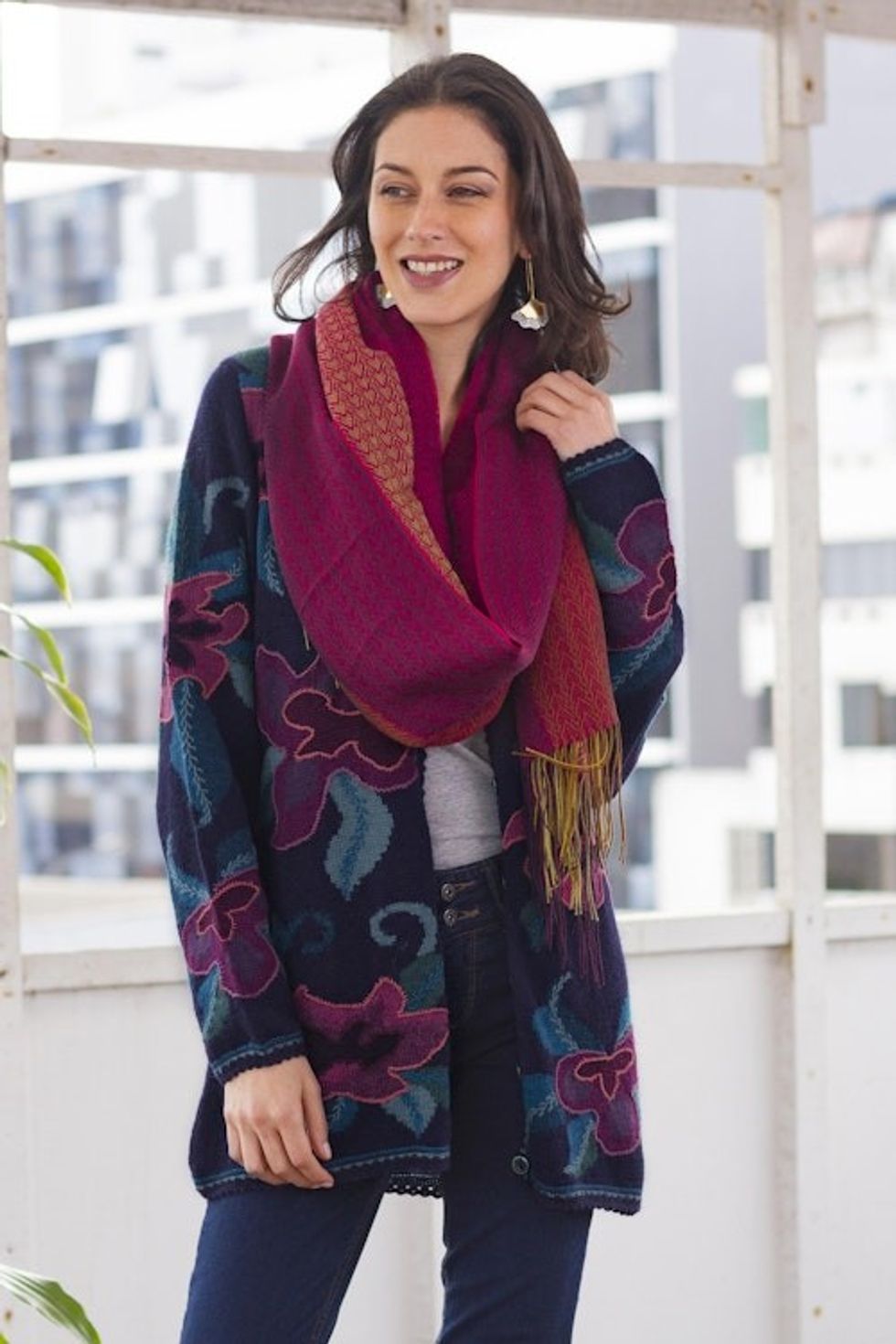 Floral Intarsia Knit Cardigan Sweater in 100 Alpaca 'Cusco Flowers in Blue'