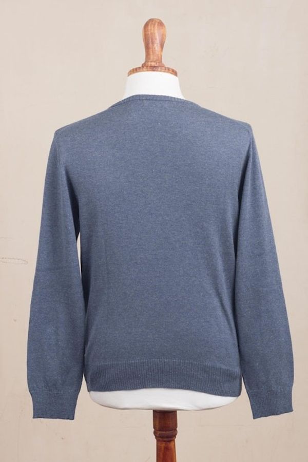 Alternate image for Mens V-Neck Cotton Blend Pullover in Indigo from Peru Warm Adventure in Indigo