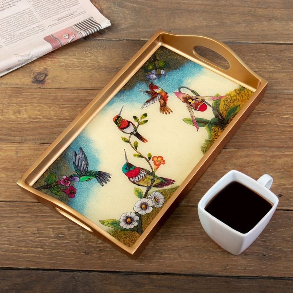 Floral and Bird-Themed Reverse-Painted Glass Tray 'Joy at Spring'