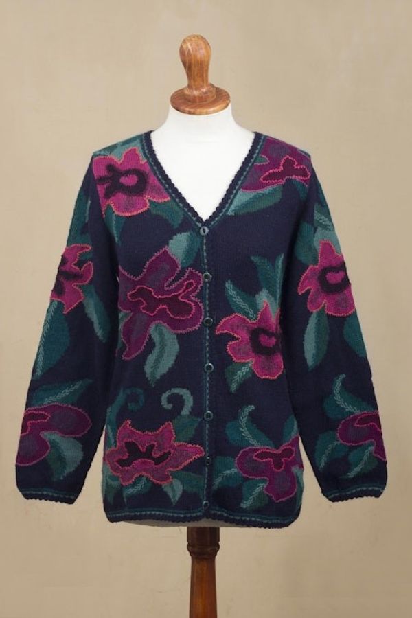 Alternate image for Floral Intarsia Knit Cardigan Sweater in 100 Alpaca Cusco Flowers in Blue