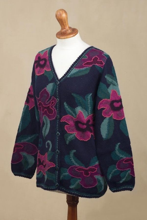 Alternate image for Floral Intarsia Knit Cardigan Sweater in 100 Alpaca Cusco Flowers in Blue