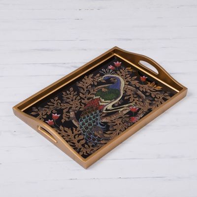 Alternate image for Reverse-Painted Glass Peacock Tray in Gold 17 in. Peacock Charm in Gold