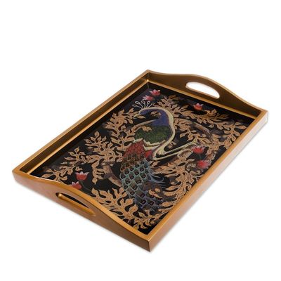 Alternate image for Reverse-Painted Glass Peacock Tray in Gold 17 in. Peacock Charm in Gold
